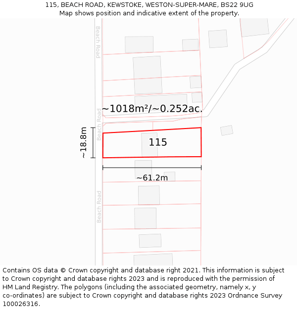 115, BEACH ROAD, KEWSTOKE, WESTON-SUPER-MARE, BS22 9UG: Plot and title map