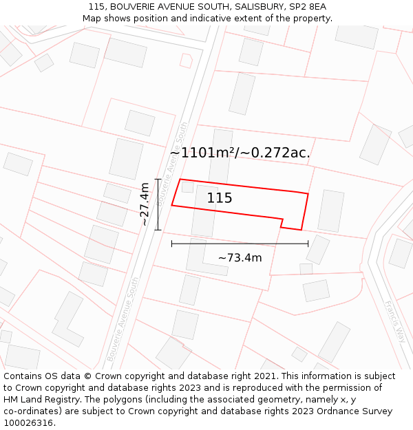 115, BOUVERIE AVENUE SOUTH, SALISBURY, SP2 8EA: Plot and title map
