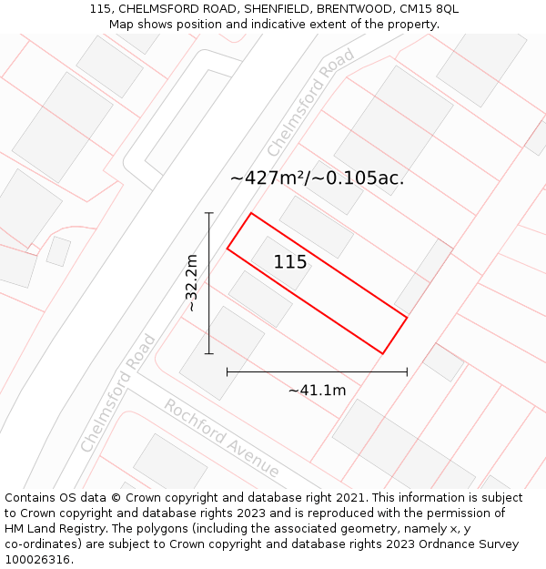 115, CHELMSFORD ROAD, SHENFIELD, BRENTWOOD, CM15 8QL: Plot and title map