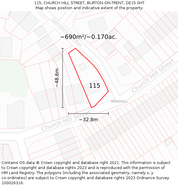 115, CHURCH HILL STREET, BURTON-ON-TRENT, DE15 0HT: Plot and title map