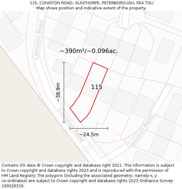 115, CONISTON ROAD, GUNTHORPE, PETERBOROUGH, PE4 7GU: Plot and title map