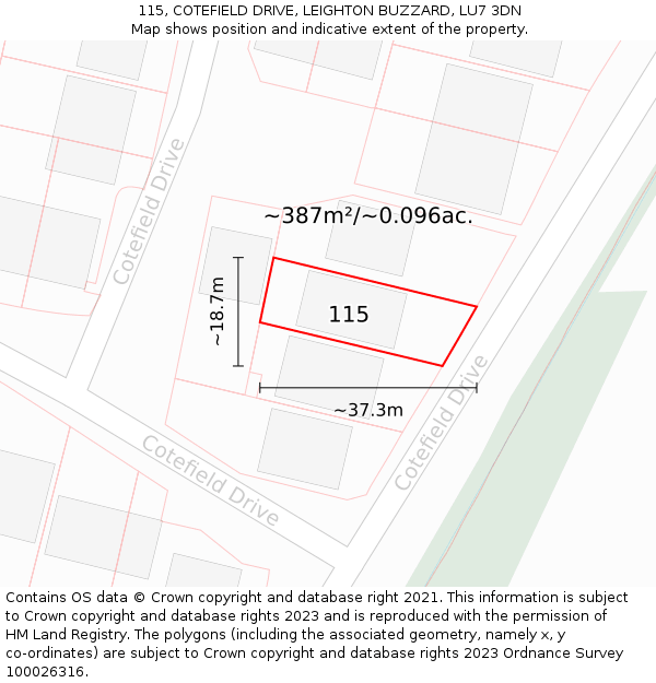 115, COTEFIELD DRIVE, LEIGHTON BUZZARD, LU7 3DN: Plot and title map