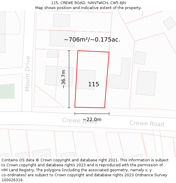 115, CREWE ROAD, NANTWICH, CW5 6JN: Plot and title map