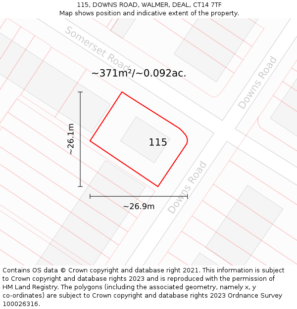 115, DOWNS ROAD, WALMER, DEAL, CT14 7TF: Plot and title map