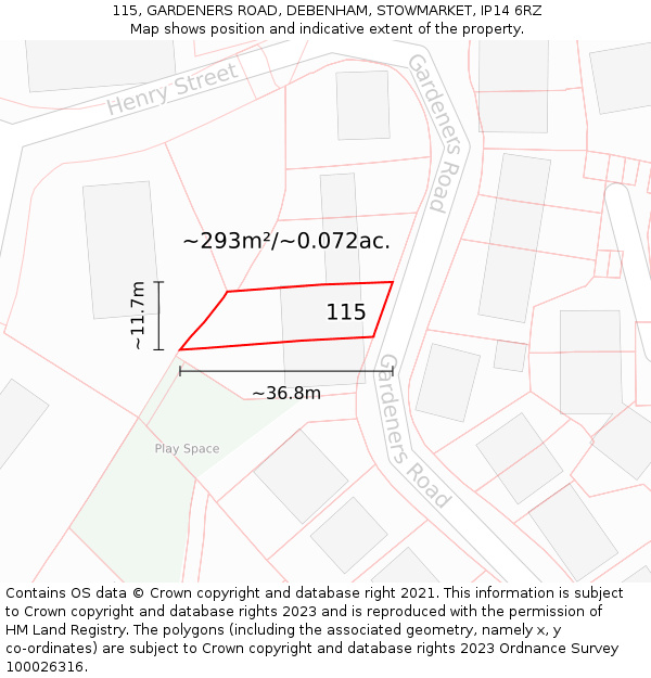 115, GARDENERS ROAD, DEBENHAM, STOWMARKET, IP14 6RZ: Plot and title map