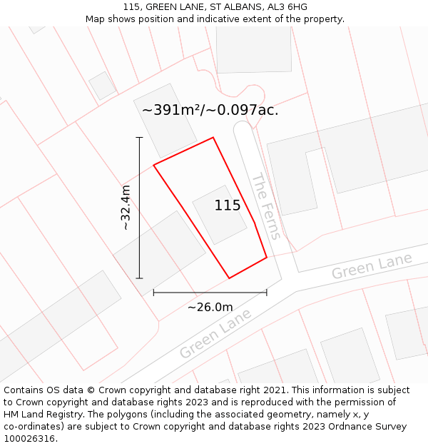 115, GREEN LANE, ST ALBANS, AL3 6HG: Plot and title map