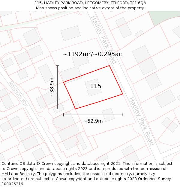 115, HADLEY PARK ROAD, LEEGOMERY, TELFORD, TF1 6QA: Plot and title map