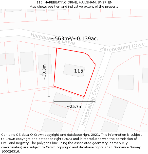 115, HAREBEATING DRIVE, HAILSHAM, BN27 1JN: Plot and title map