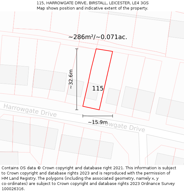 115, HARROWGATE DRIVE, BIRSTALL, LEICESTER, LE4 3GS: Plot and title map