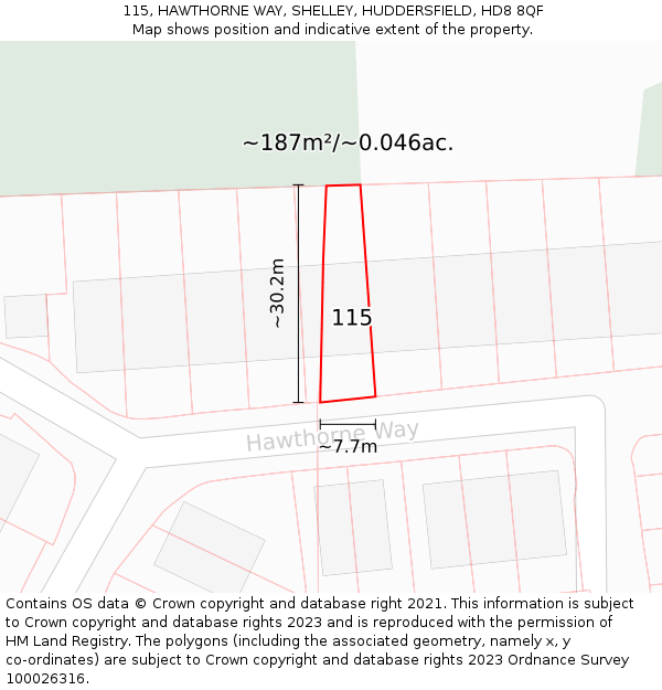 115, HAWTHORNE WAY, SHELLEY, HUDDERSFIELD, HD8 8QF: Plot and title map
