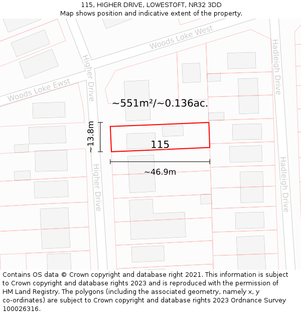 115, HIGHER DRIVE, LOWESTOFT, NR32 3DD: Plot and title map