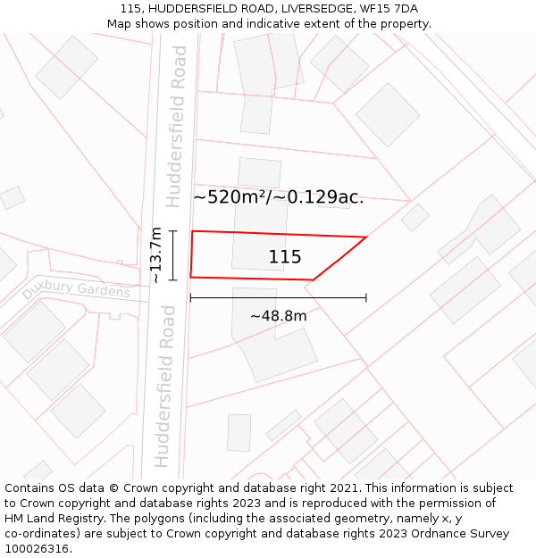 115, HUDDERSFIELD ROAD, LIVERSEDGE, WF15 7DA: Plot and title map