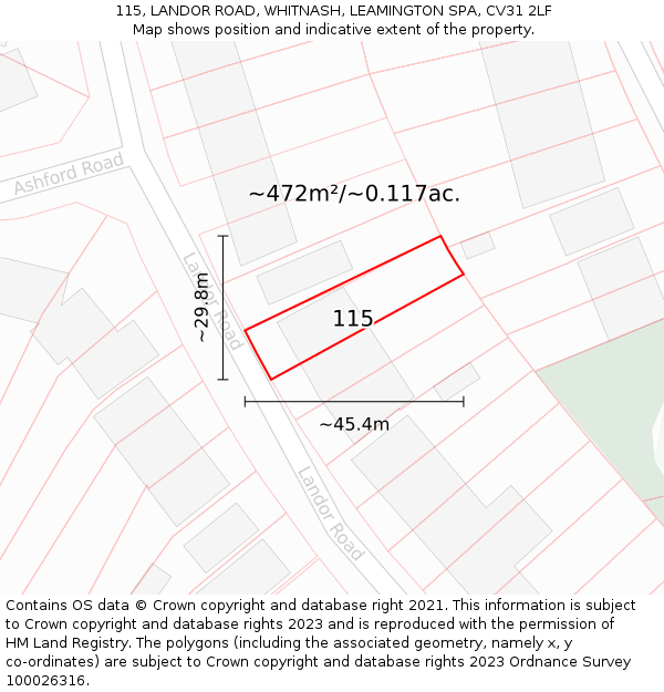 115, LANDOR ROAD, WHITNASH, LEAMINGTON SPA, CV31 2LF: Plot and title map