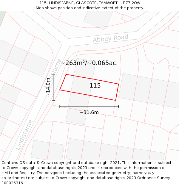 115, LINDISFARNE, GLASCOTE, TAMWORTH, B77 2QW: Plot and title map