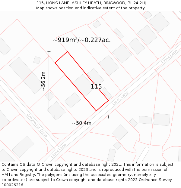 115, LIONS LANE, ASHLEY HEATH, RINGWOOD, BH24 2HJ: Plot and title map