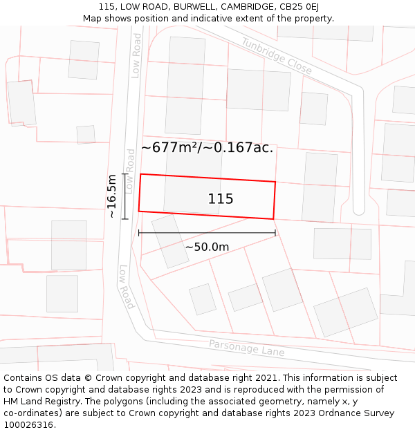 115, LOW ROAD, BURWELL, CAMBRIDGE, CB25 0EJ: Plot and title map