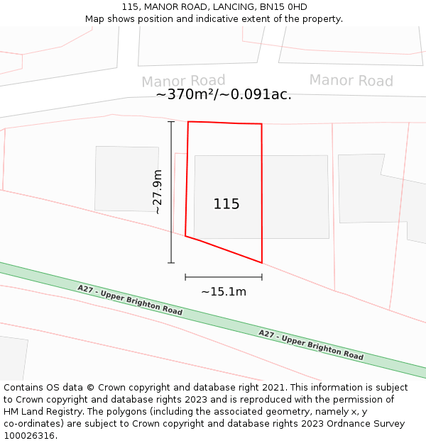 115, MANOR ROAD, LANCING, BN15 0HD: Plot and title map