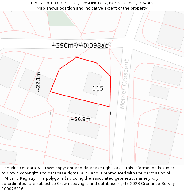 115, MERCER CRESCENT, HASLINGDEN, ROSSENDALE, BB4 4RL: Plot and title map