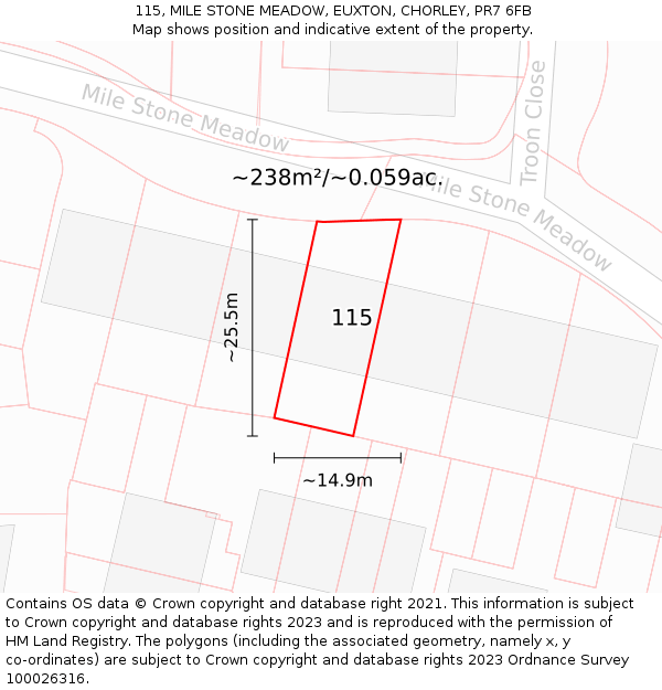 115, MILE STONE MEADOW, EUXTON, CHORLEY, PR7 6FB: Plot and title map