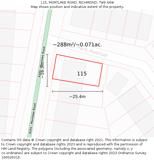 115, MORTLAKE ROAD, RICHMOND, TW9 4AW: Plot and title map