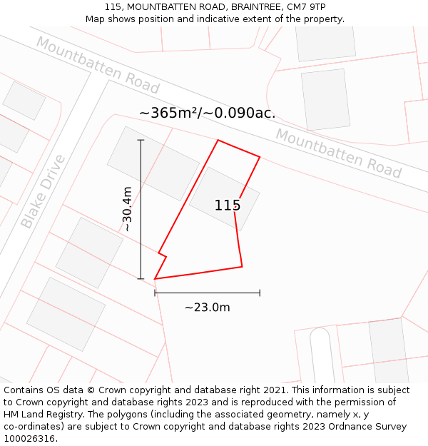 115, MOUNTBATTEN ROAD, BRAINTREE, CM7 9TP: Plot and title map