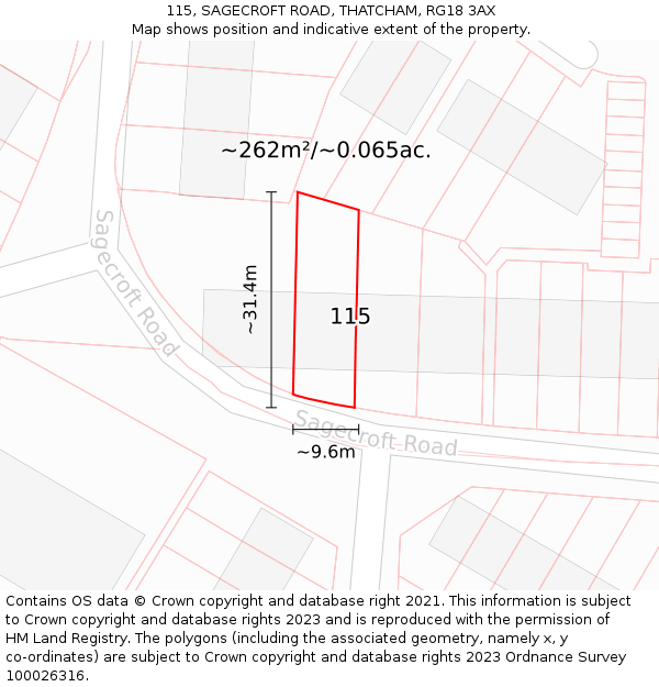 115, SAGECROFT ROAD, THATCHAM, RG18 3AX: Plot and title map