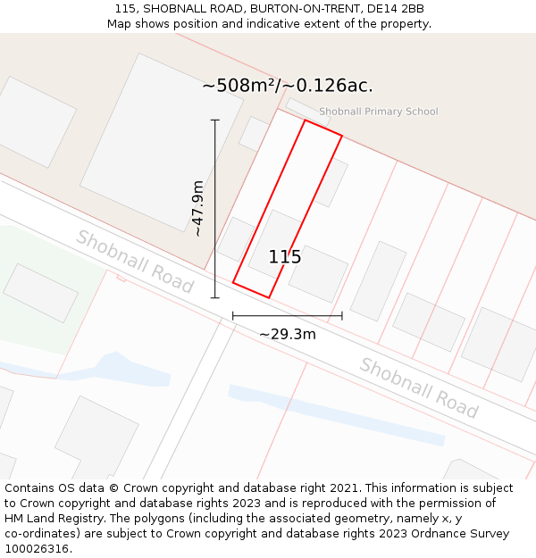 115, SHOBNALL ROAD, BURTON-ON-TRENT, DE14 2BB: Plot and title map