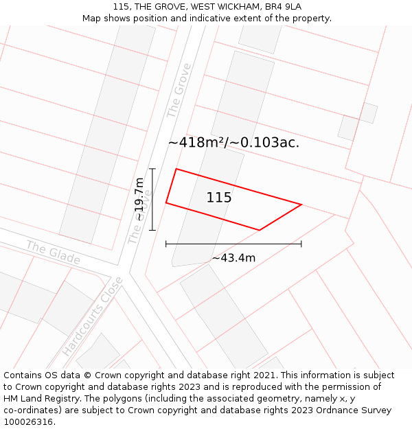 115, THE GROVE, WEST WICKHAM, BR4 9LA: Plot and title map