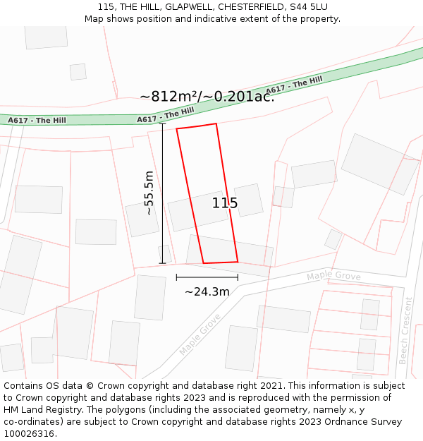 115, THE HILL, GLAPWELL, CHESTERFIELD, S44 5LU: Plot and title map