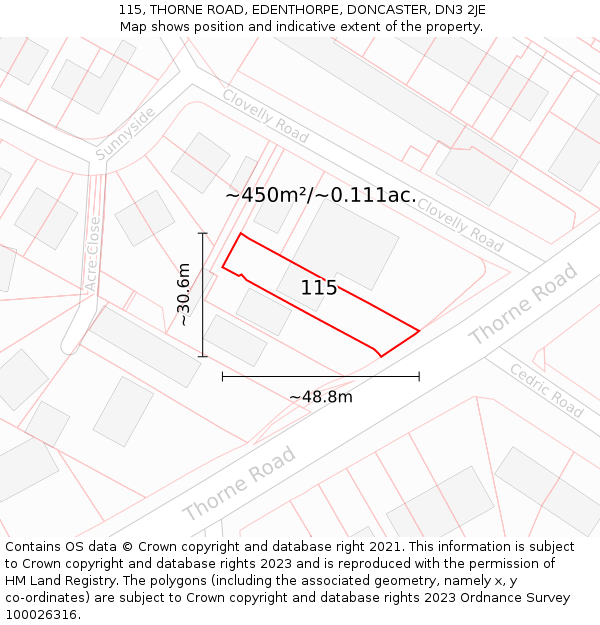 115, THORNE ROAD, EDENTHORPE, DONCASTER, DN3 2JE: Plot and title map