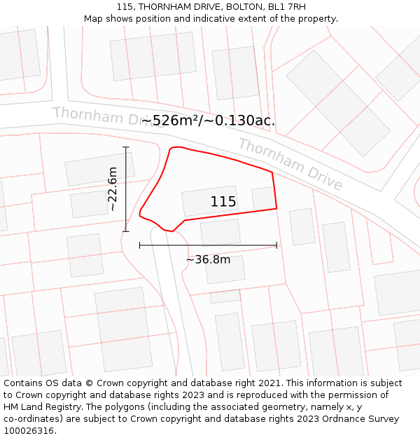 115, THORNHAM DRIVE, BOLTON, BL1 7RH: Plot and title map