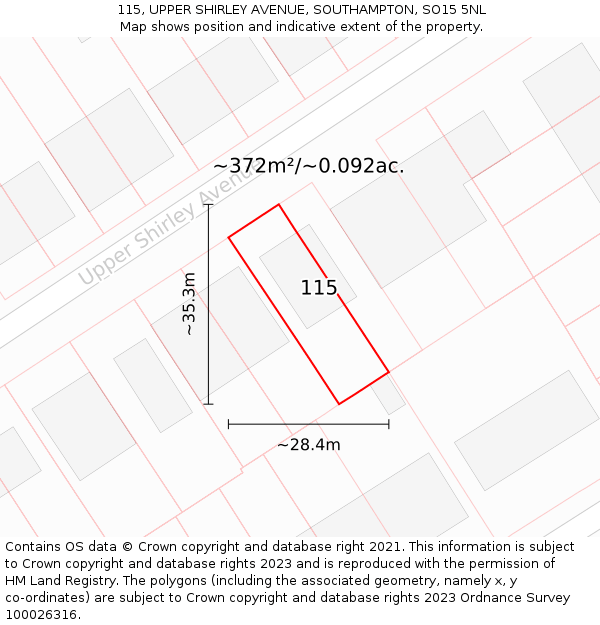 115, UPPER SHIRLEY AVENUE, SOUTHAMPTON, SO15 5NL: Plot and title map