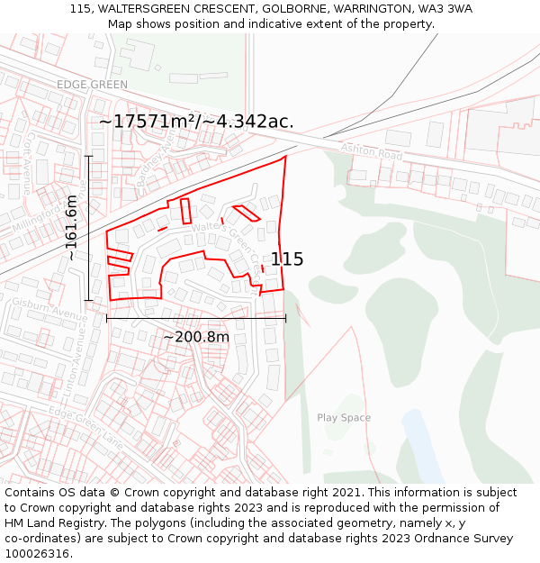115, WALTERSGREEN CRESCENT, GOLBORNE, WARRINGTON, WA3 3WA: Plot and title map