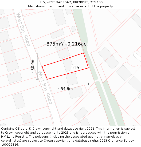 115, WEST BAY ROAD, BRIDPORT, DT6 4EQ: Plot and title map