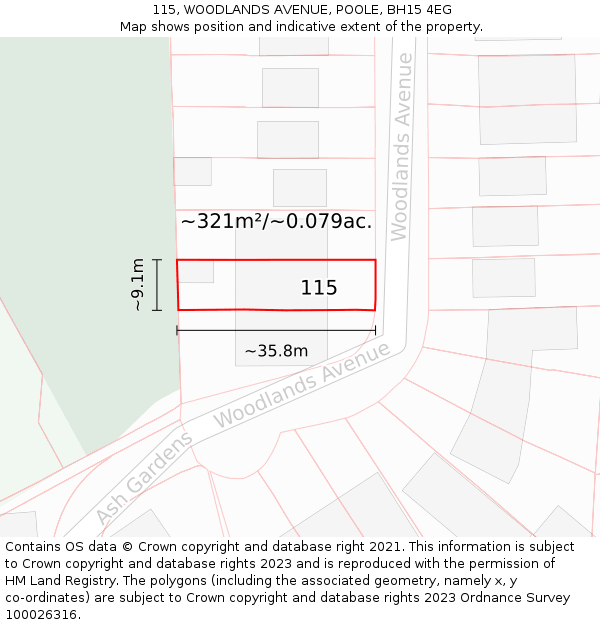 115, WOODLANDS AVENUE, POOLE, BH15 4EG: Plot and title map
