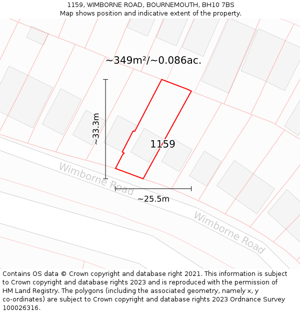 1159, WIMBORNE ROAD, BOURNEMOUTH, BH10 7BS: Plot and title map