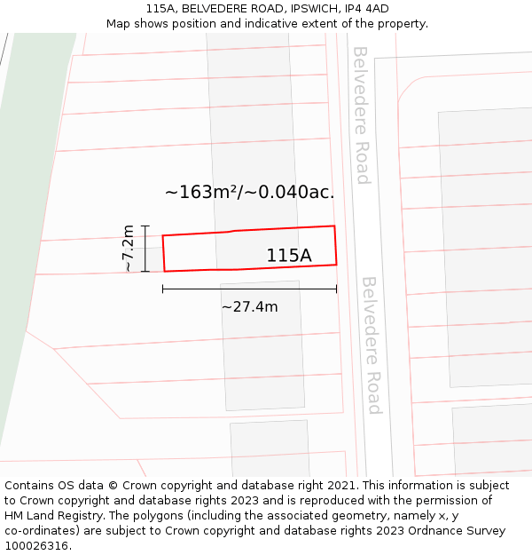 115A, BELVEDERE ROAD, IPSWICH, IP4 4AD: Plot and title map