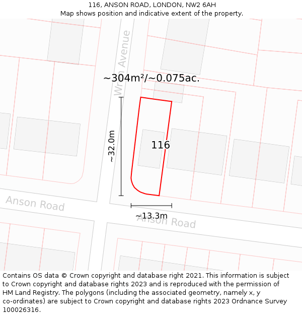 116, ANSON ROAD, LONDON, NW2 6AH: Plot and title map