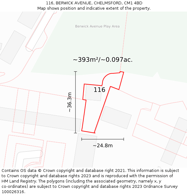 116, BERWICK AVENUE, CHELMSFORD, CM1 4BD: Plot and title map