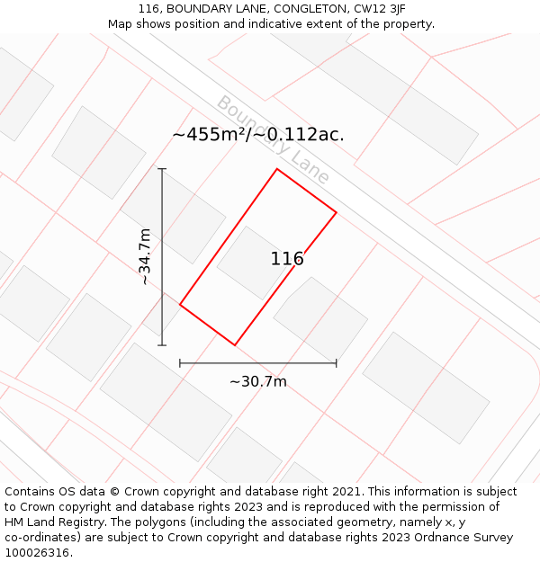 116, BOUNDARY LANE, CONGLETON, CW12 3JF: Plot and title map