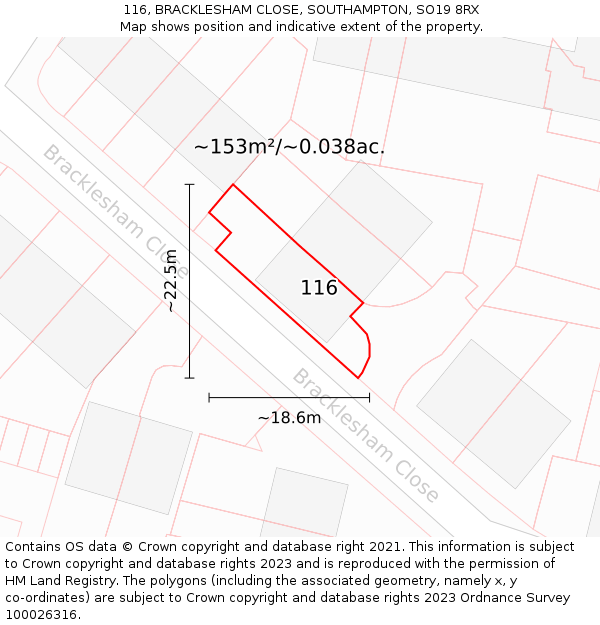 116, BRACKLESHAM CLOSE, SOUTHAMPTON, SO19 8RX: Plot and title map