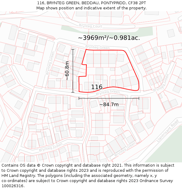 116, BRYNTEG GREEN, BEDDAU, PONTYPRIDD, CF38 2PT: Plot and title map