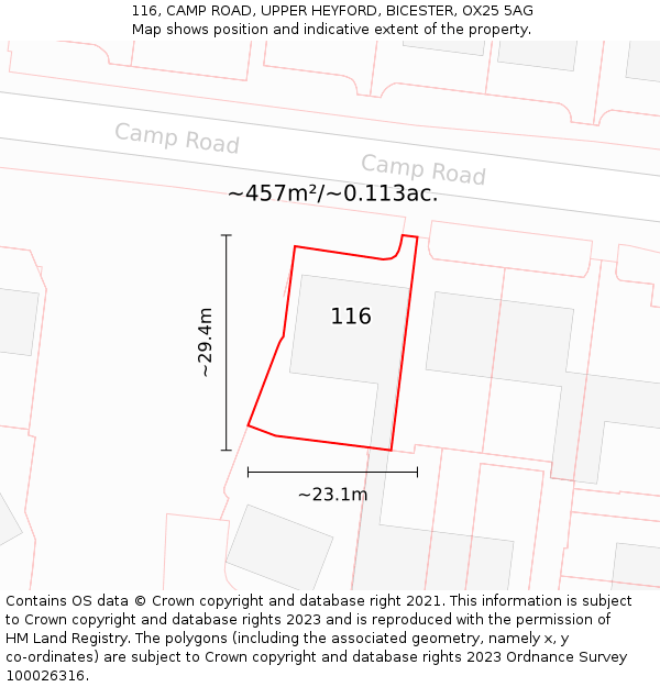116, CAMP ROAD, UPPER HEYFORD, BICESTER, OX25 5AG: Plot and title map