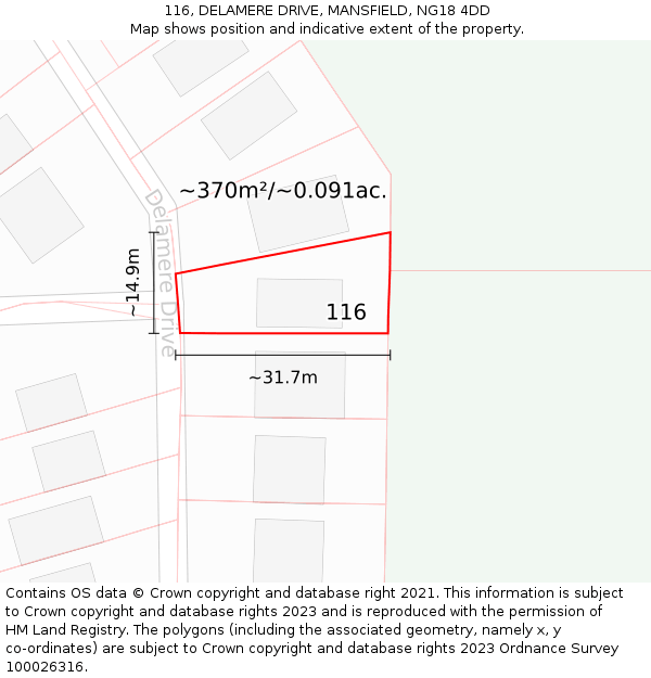 116, DELAMERE DRIVE, MANSFIELD, NG18 4DD: Plot and title map