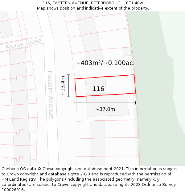 116, EASTERN AVENUE, PETERBOROUGH, PE1 4PW: Plot and title map