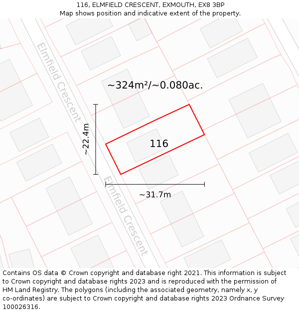 116, ELMFIELD CRESCENT, EXMOUTH, EX8 3BP: Plot and title map