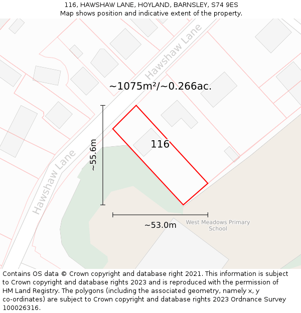 116, HAWSHAW LANE, HOYLAND, BARNSLEY, S74 9ES: Plot and title map
