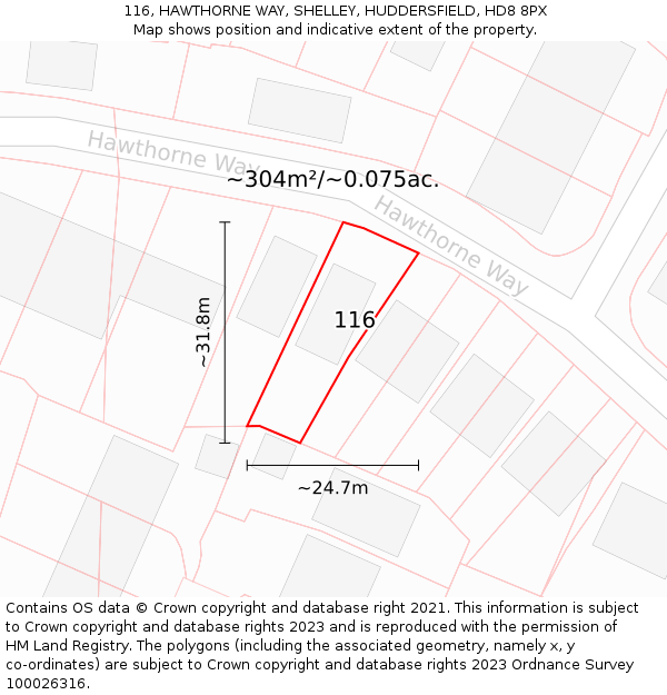 116, HAWTHORNE WAY, SHELLEY, HUDDERSFIELD, HD8 8PX: Plot and title map
