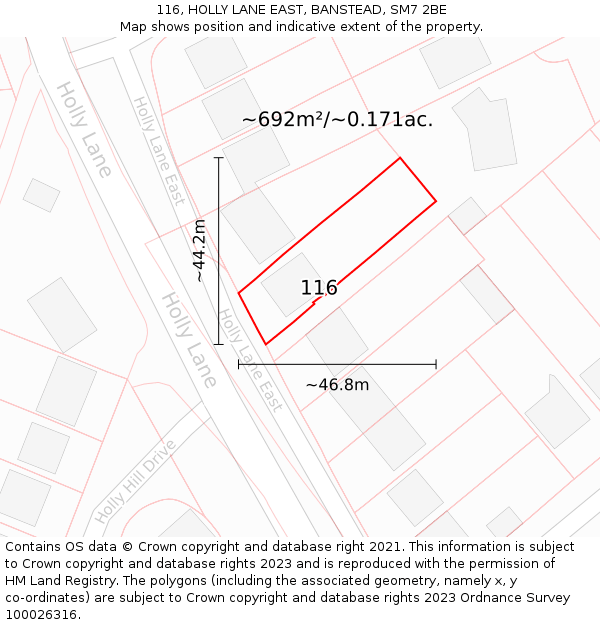 116, HOLLY LANE EAST, BANSTEAD, SM7 2BE: Plot and title map