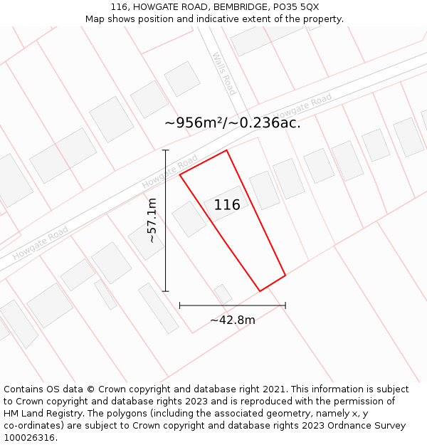 116, HOWGATE ROAD, BEMBRIDGE, PO35 5QX: Plot and title map